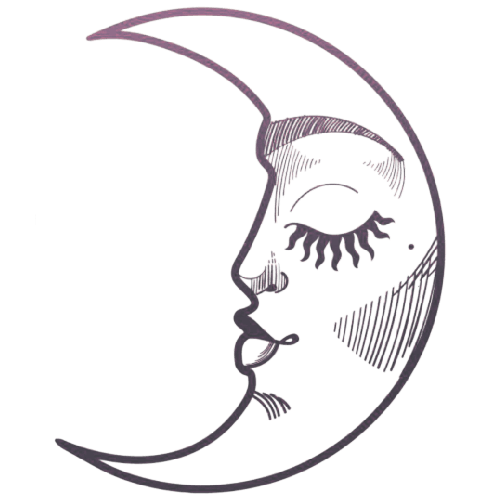 Mistyczna ilustracja księżyca z uśmiechniętą twarzą 